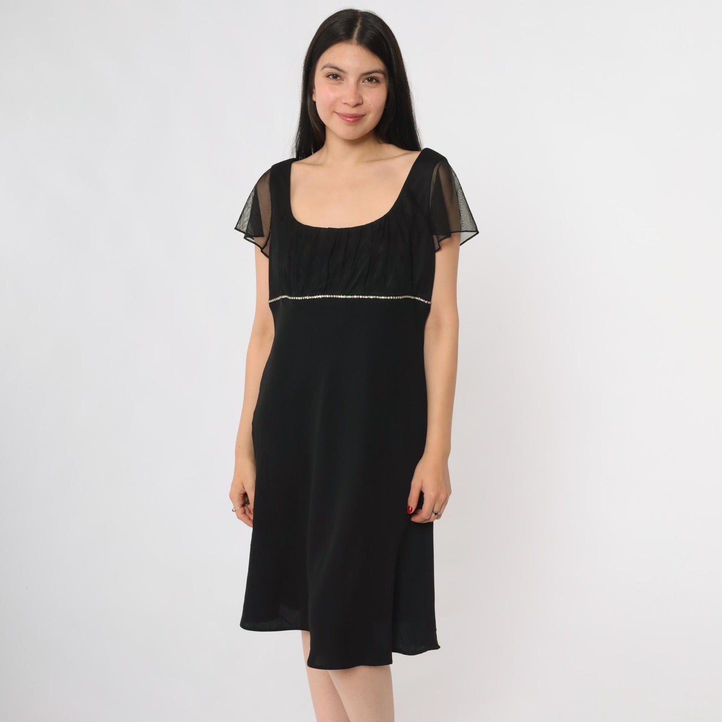 Y2K Black Party Dress Square Neck Rhinestone Waist Mesh Overlay Midi 12 Petite