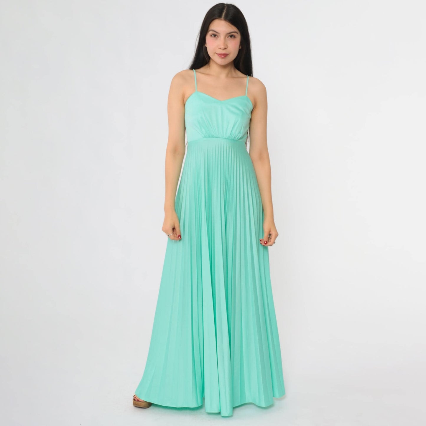 70s Aqua Pleated Maxi Dress Spaghetti Strap Sweetheart Neckline Extra Small XS