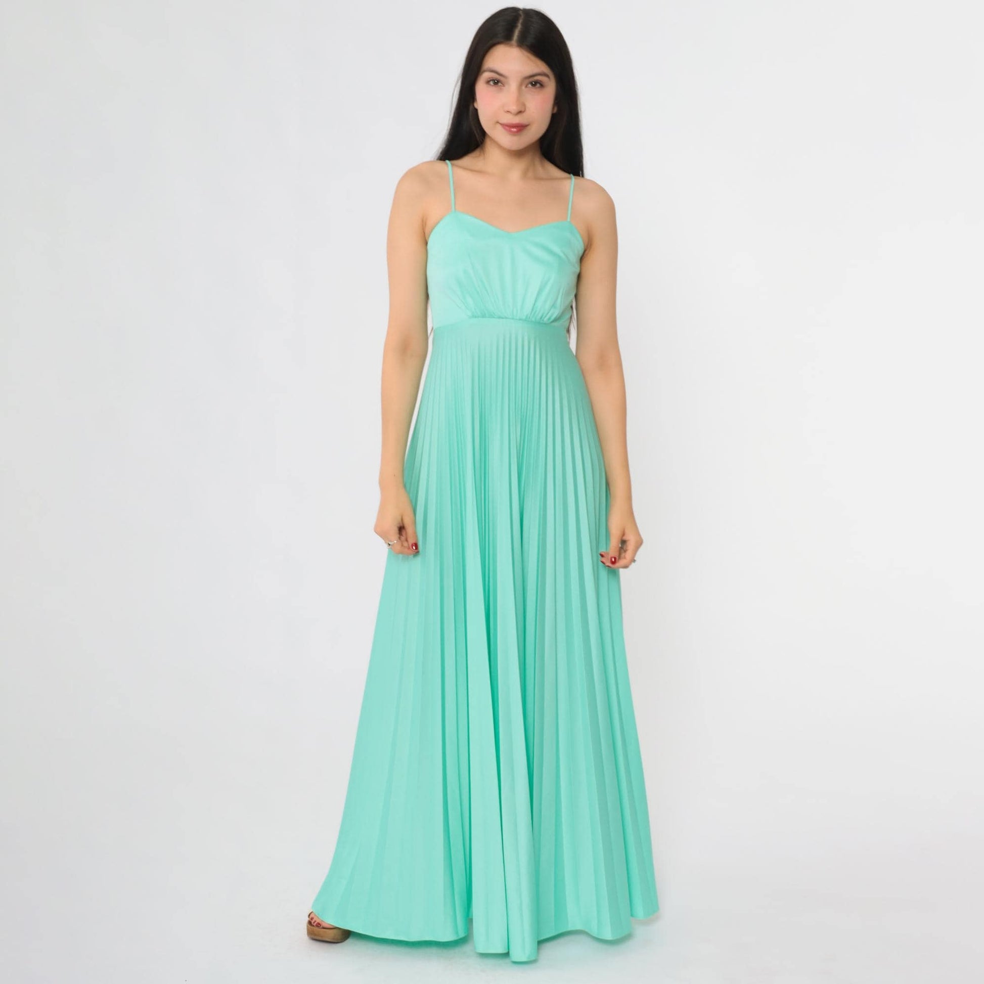 70s Aqua Pleated Maxi Dress Spaghetti Strap Sweetheart Neckline Extra Small XS