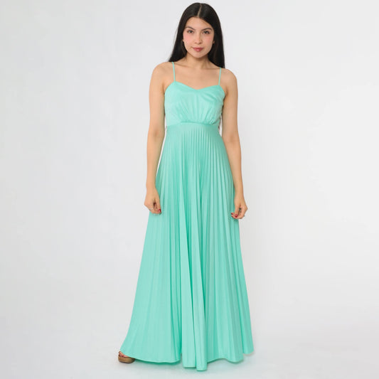 70s Aqua Pleated Maxi Dress Spaghetti Strap Sweetheart Neckline Extra Small XS