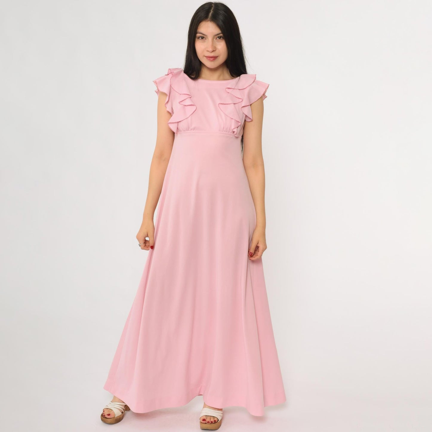 70s Pink Ruffle Maxi Dress Open Back Empire Waist Small