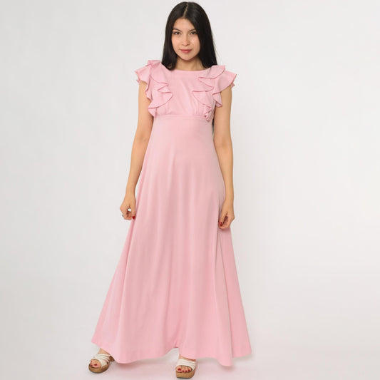 70s Pink Ruffle Maxi Dress Open Back Empire Waist Small