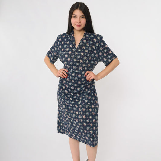 80s Navy Floral Day Dress Collared Short Sleeve Midi Cottagecore Large