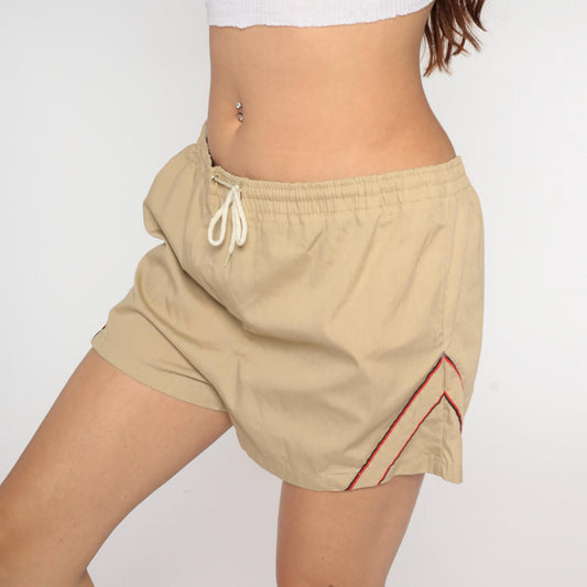80s Tan Swim Shorts Red Trim Athletic Drawstring Cotton Nylon Medium