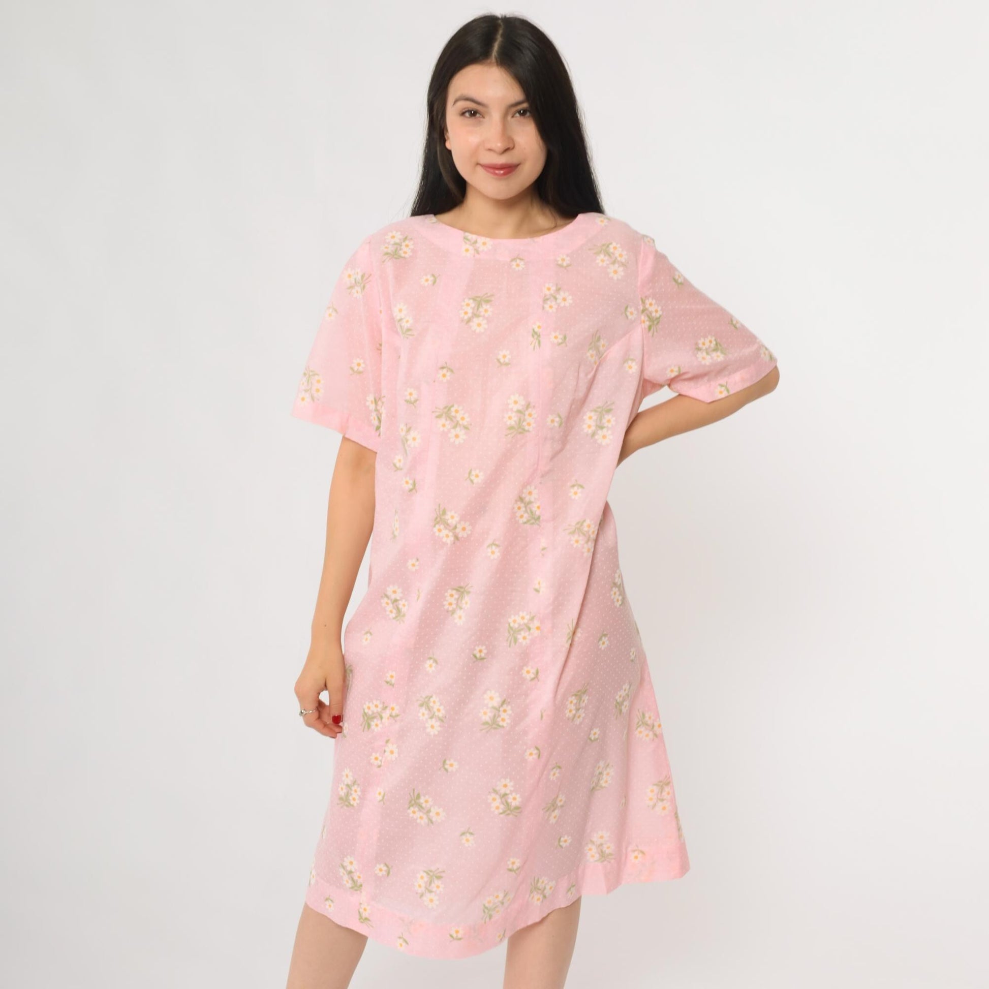 70s Pink Daisy Floral Midi Dress Short Sleeve Pullover Cotton Large