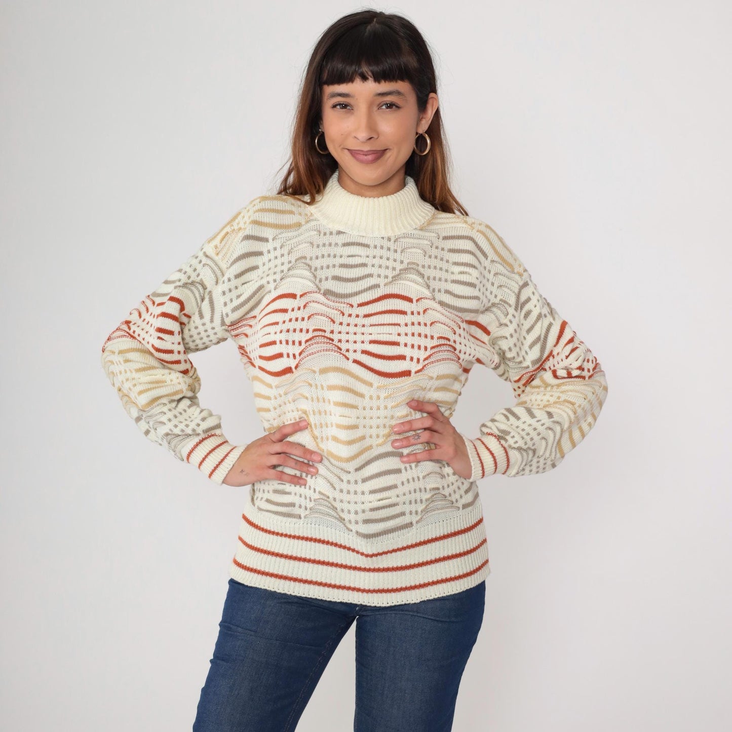 80s Cream Wave Pattern Turtleneck Sweater Red Tan Chunky Knit Small S