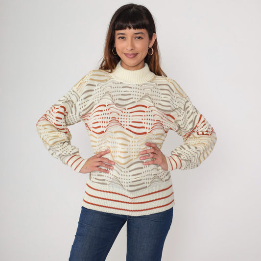 80s Cream Wave Pattern Turtleneck Sweater Red Tan Chunky Knit Small S