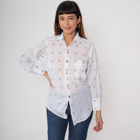 70s Lancer of California Turtle Print Button-Up Shirt White Cotton Medium