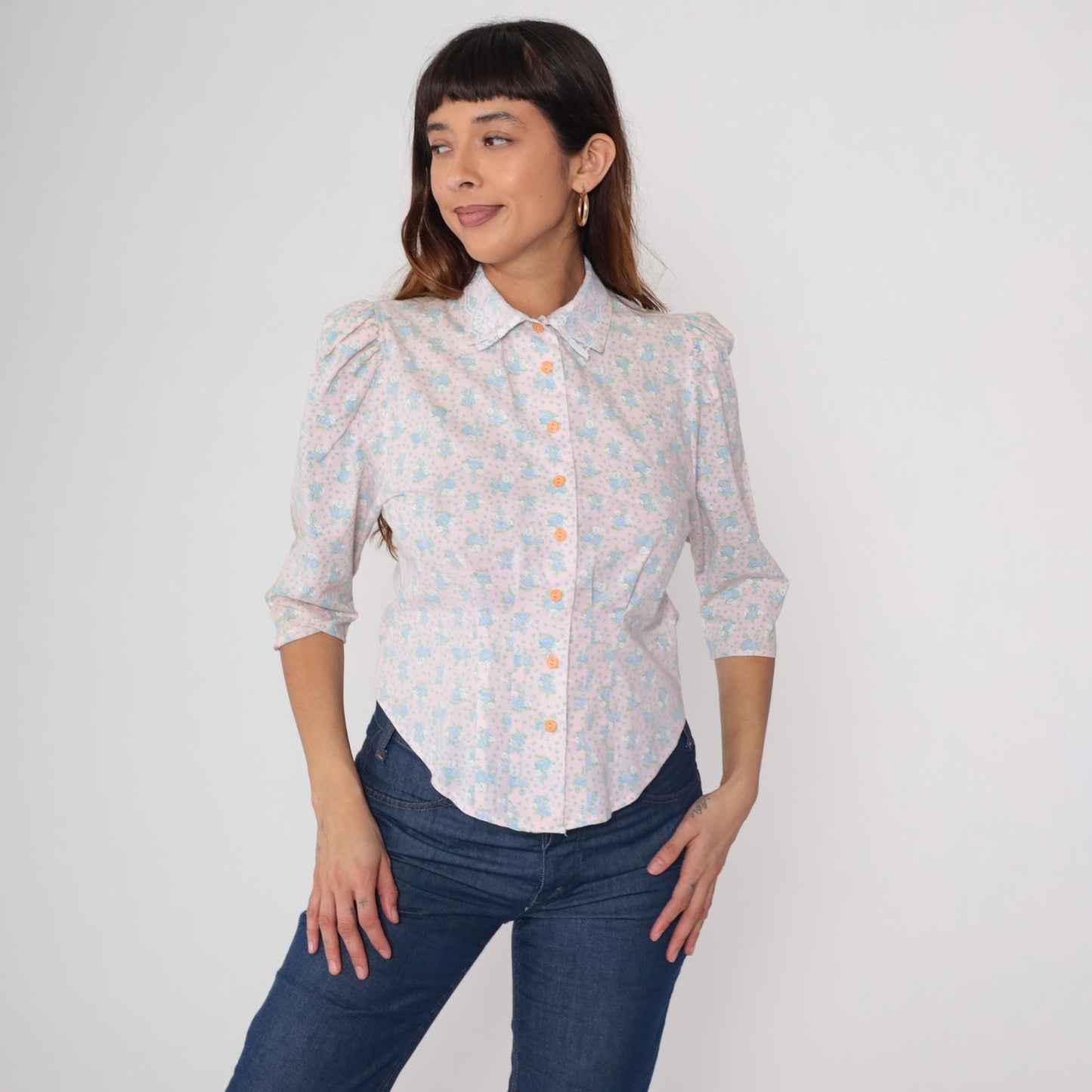 80s Pink Blue Floral Puff Sleeve Blouse Button Front Three Quarter Small