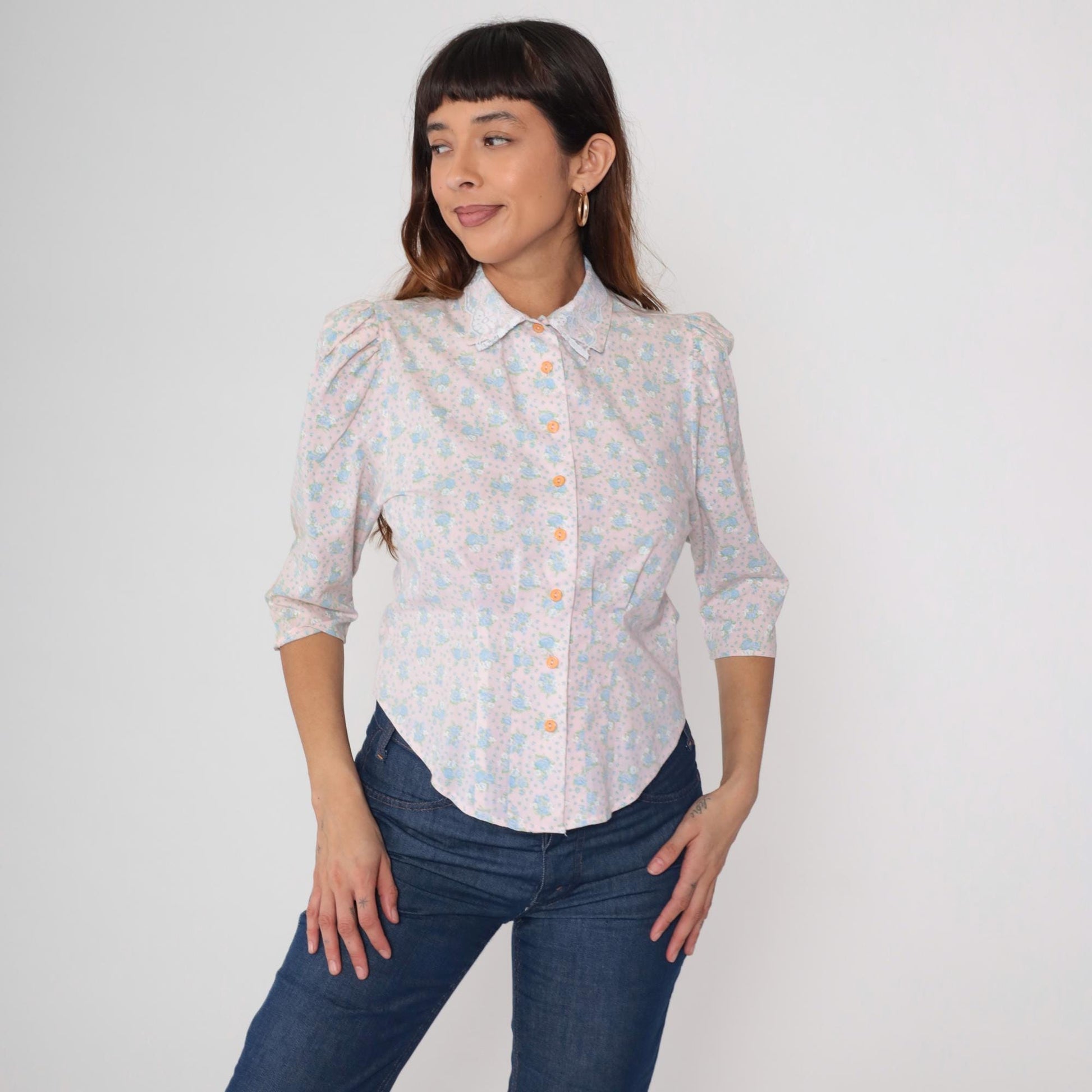 80s Pink Blue Floral Puff Sleeve Blouse Button Front Three Quarter Small