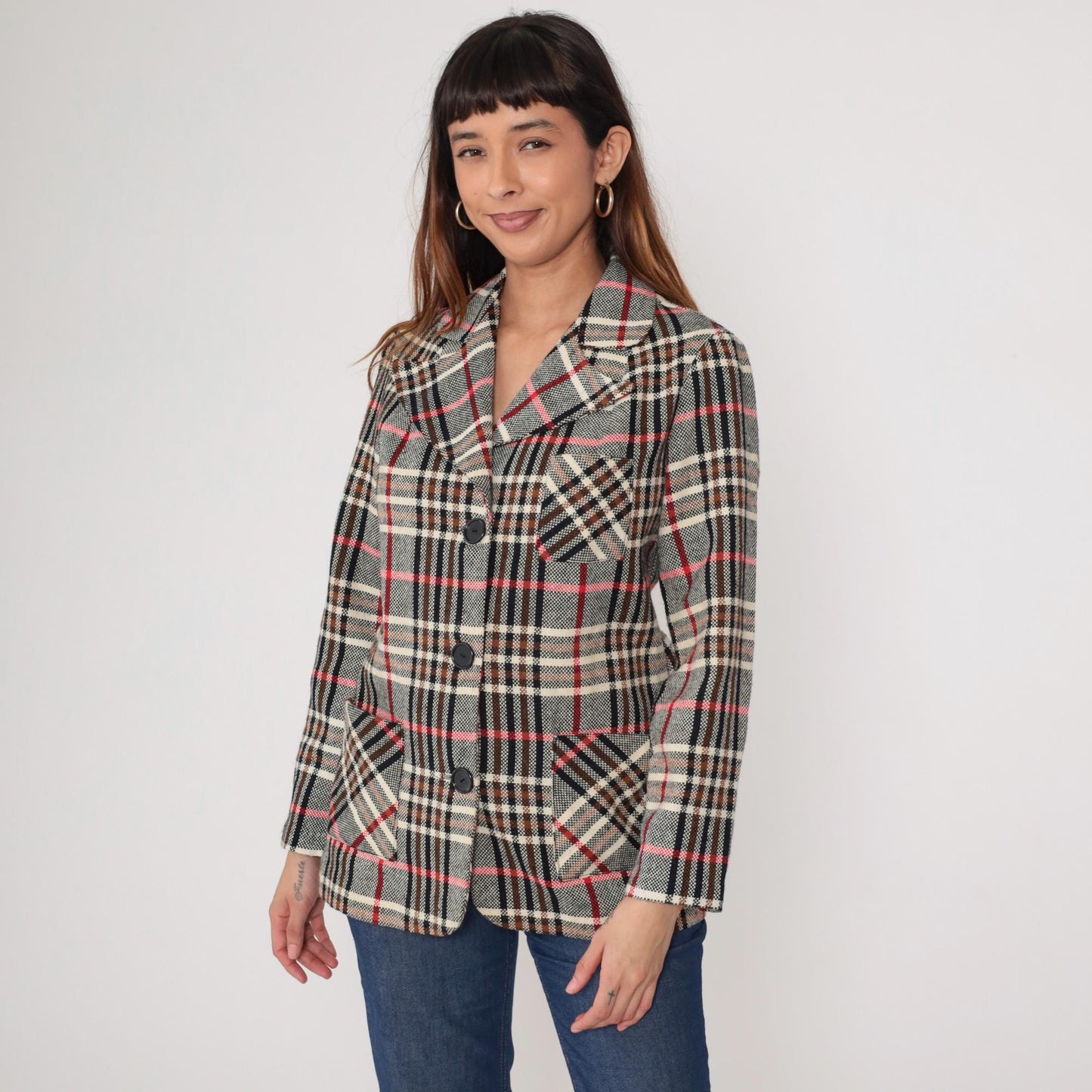 1970s Plaid Blazer Tartan Brown Red Cream Black Button Front Medium M