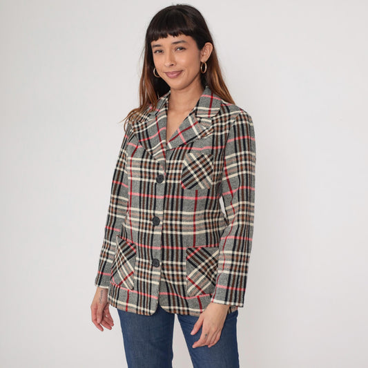 1970s Plaid Blazer Tartan Brown Red Cream Black Button Front Medium M