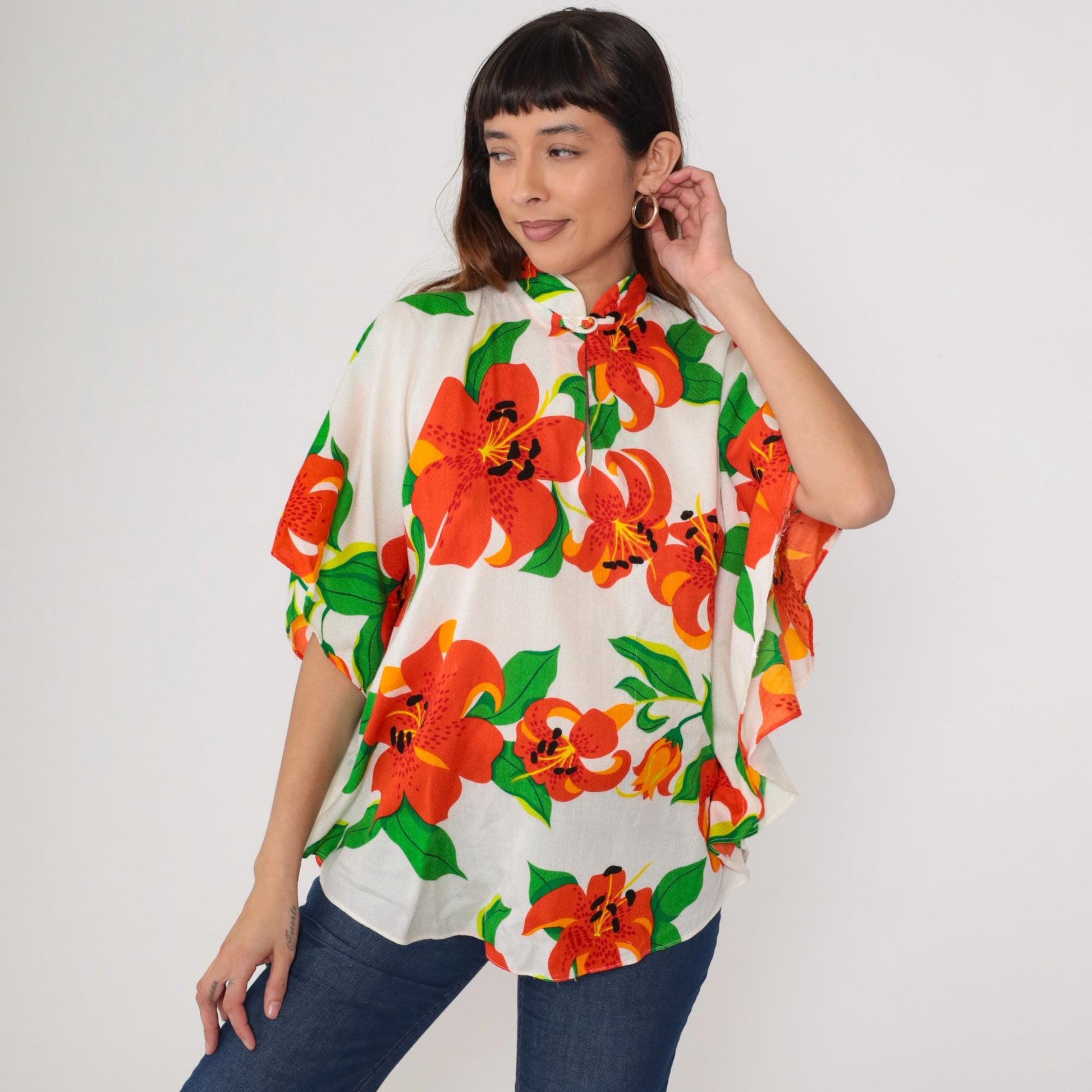 70s Waltah Clarkes Tropical Floral Caftan Kimono Blouse White One Size