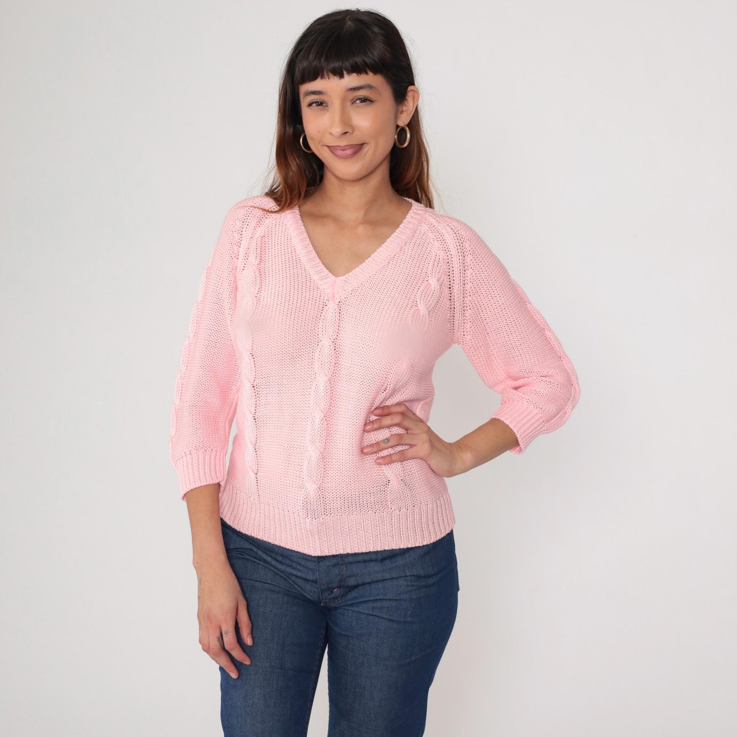 80s Pink Cable Knit V-Neck Pullover Sweater Medium