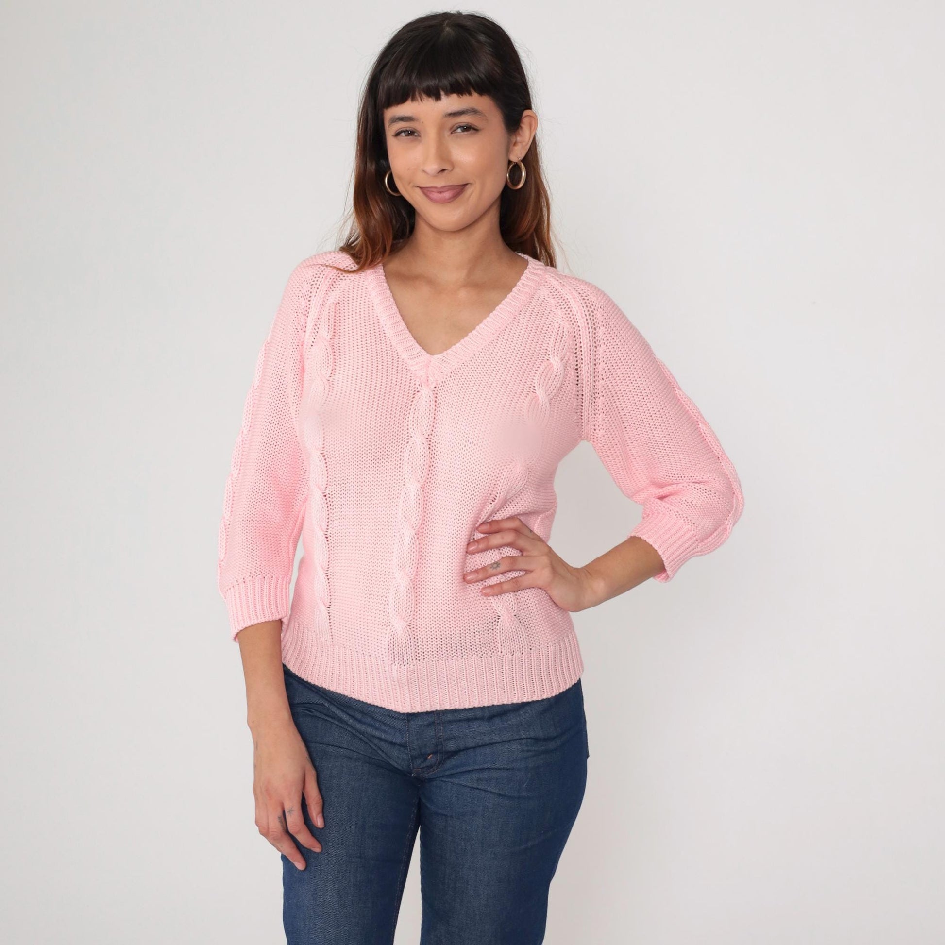 80s Pink Cable Knit V-Neck Pullover Sweater Medium
