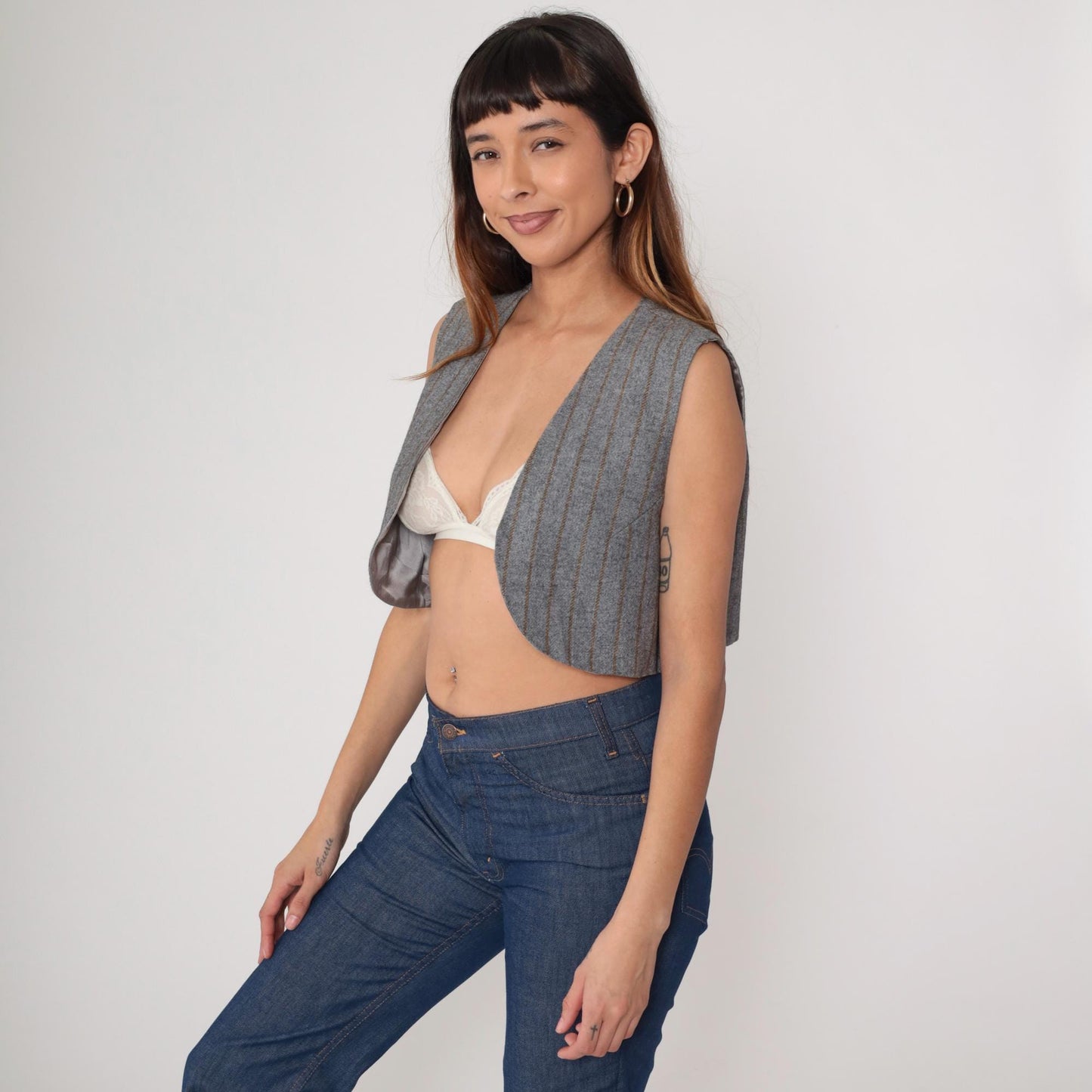 80s Grey Pinstripe Cropped Vest Open Front Sleeveless Small S