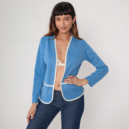 70s Lady Blair Blue Jacket White Piping Open Front Long Sleeve Medium
