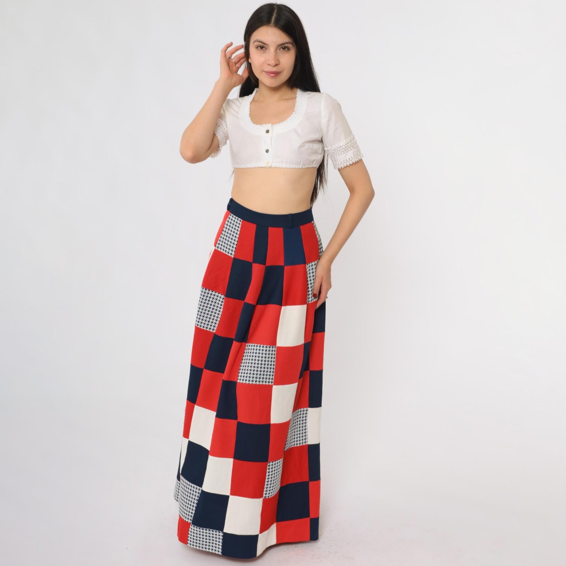 70s Red White Blue Patchwork Maxi Skirt High Waist Flared Medium