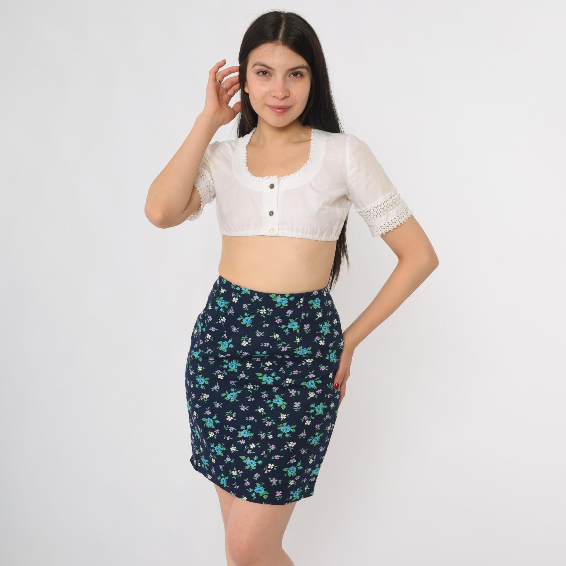 60s Navy Ditsy Floral Mini Skirt High Waist Straight Cut Cotton Blend Extra Small XS