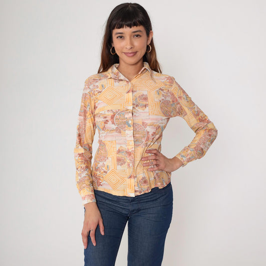 70s Scenic Toile Button-Up Shirt Orange Pink Pastoral Print Small S
