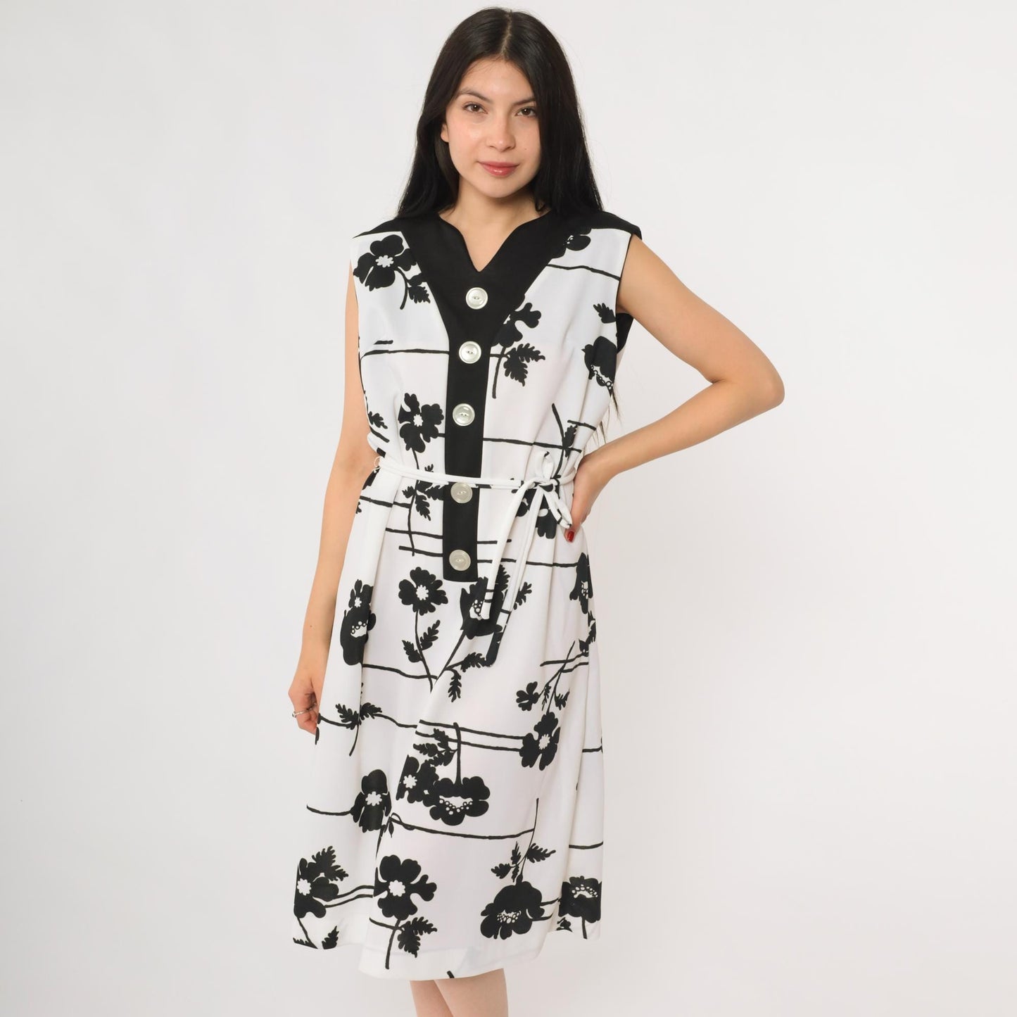 70s Prissy Black White Floral Botanical A-Line Dress Button Front Extra Large XL