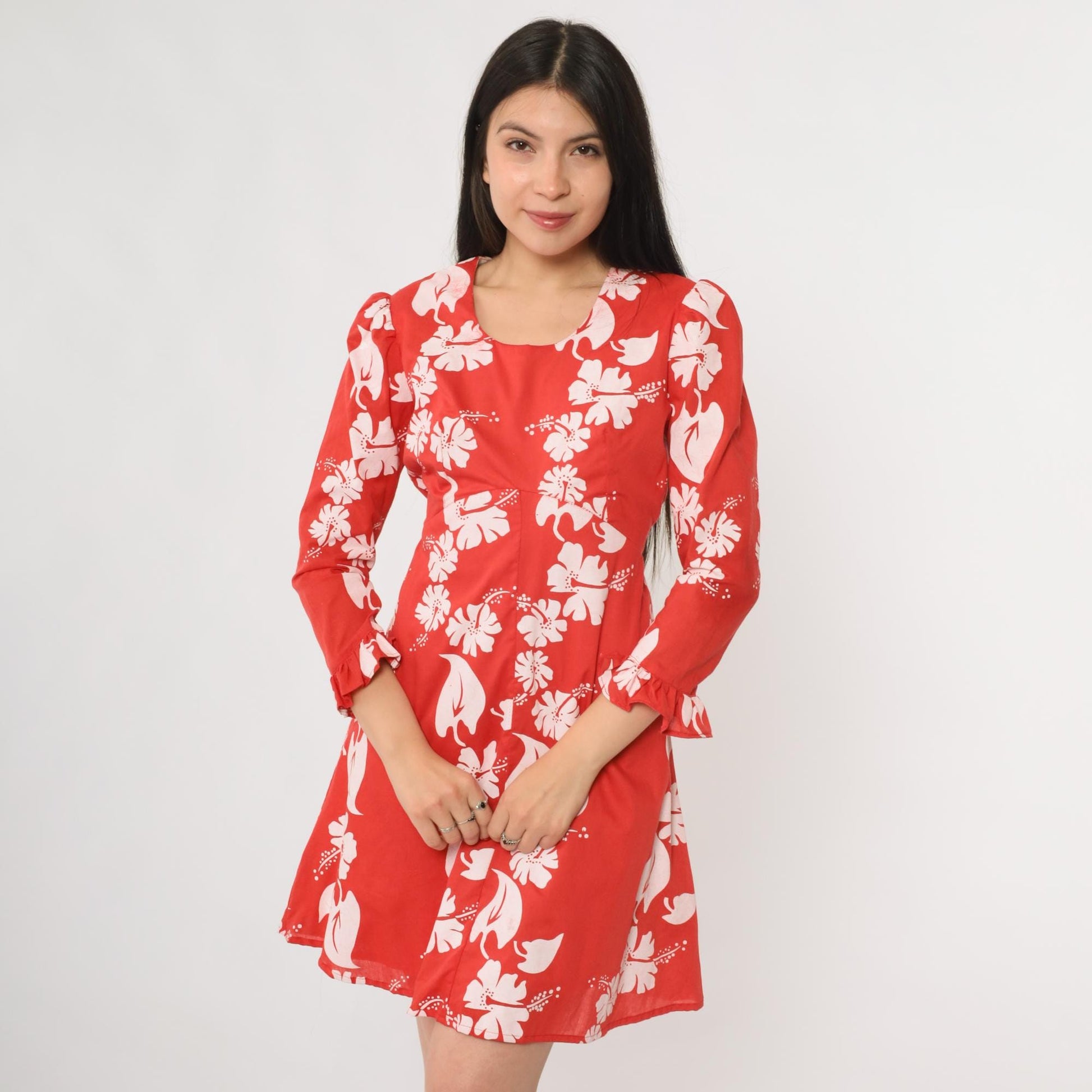 70s Hawaiian Hibiscus Floral Dress Red White Long Sleeve Ruffle Medium