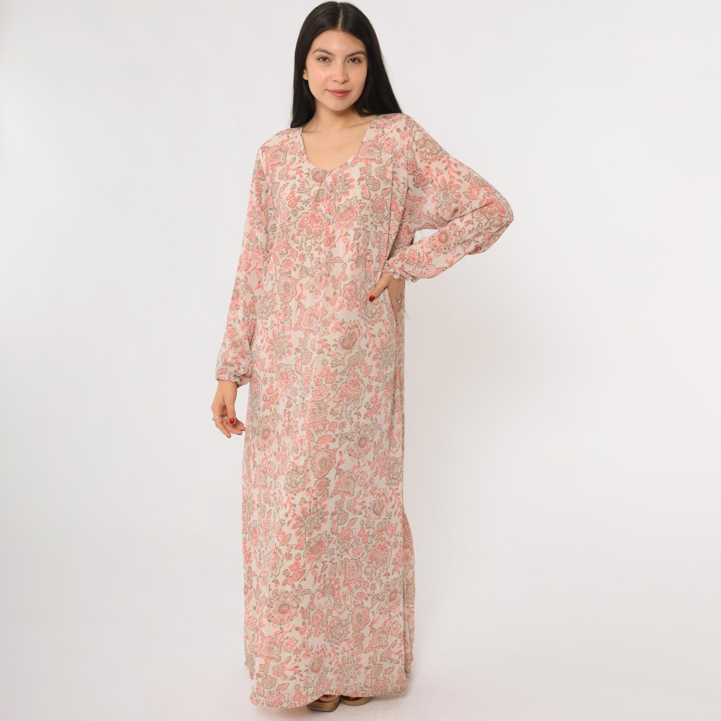 70s Paisley Floral Maxi Dress Pink Brown Long Sleeve Caftan V-Neck Medium Large