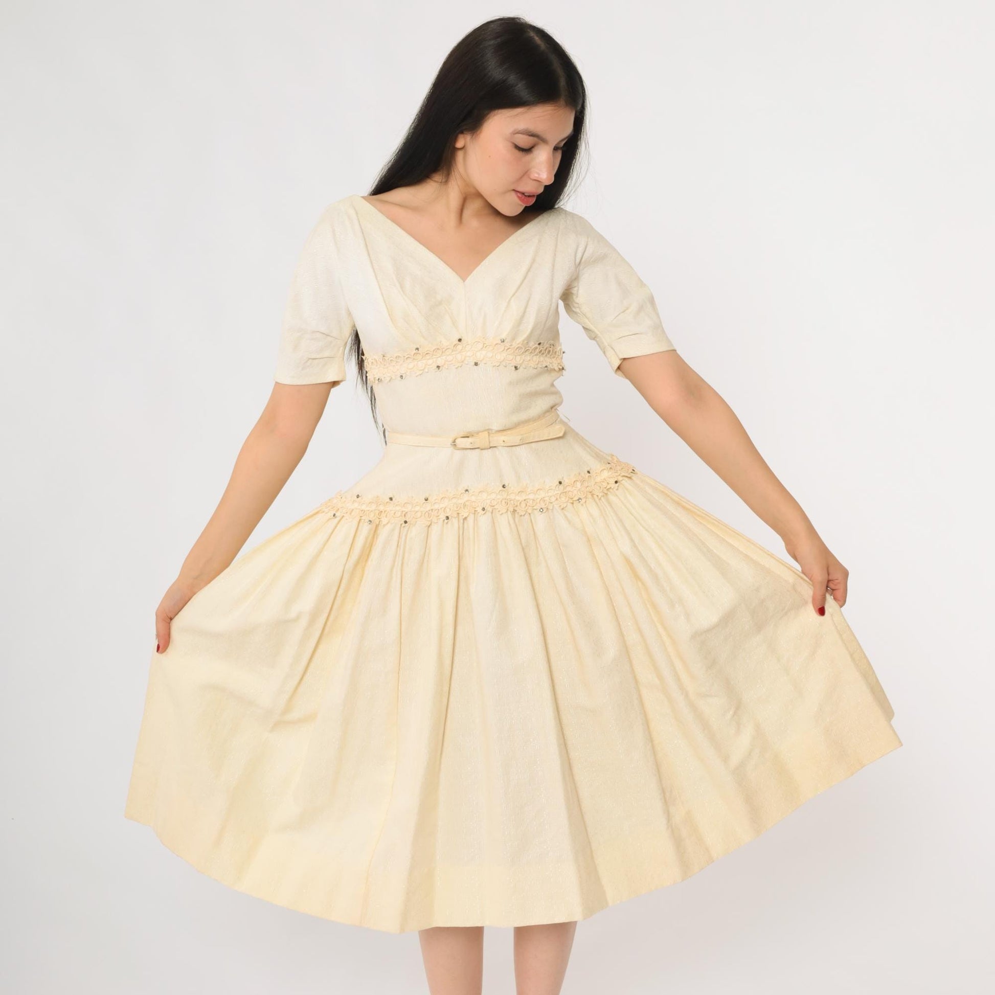 60s Ivory Cocktail Dress V Neck Beaded Belted Midi Fit Flare Extra Small