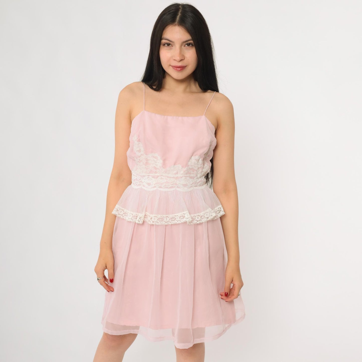 70s Miss Elliette California Pink Babydoll Mini Dress Lace Peplum Size 8