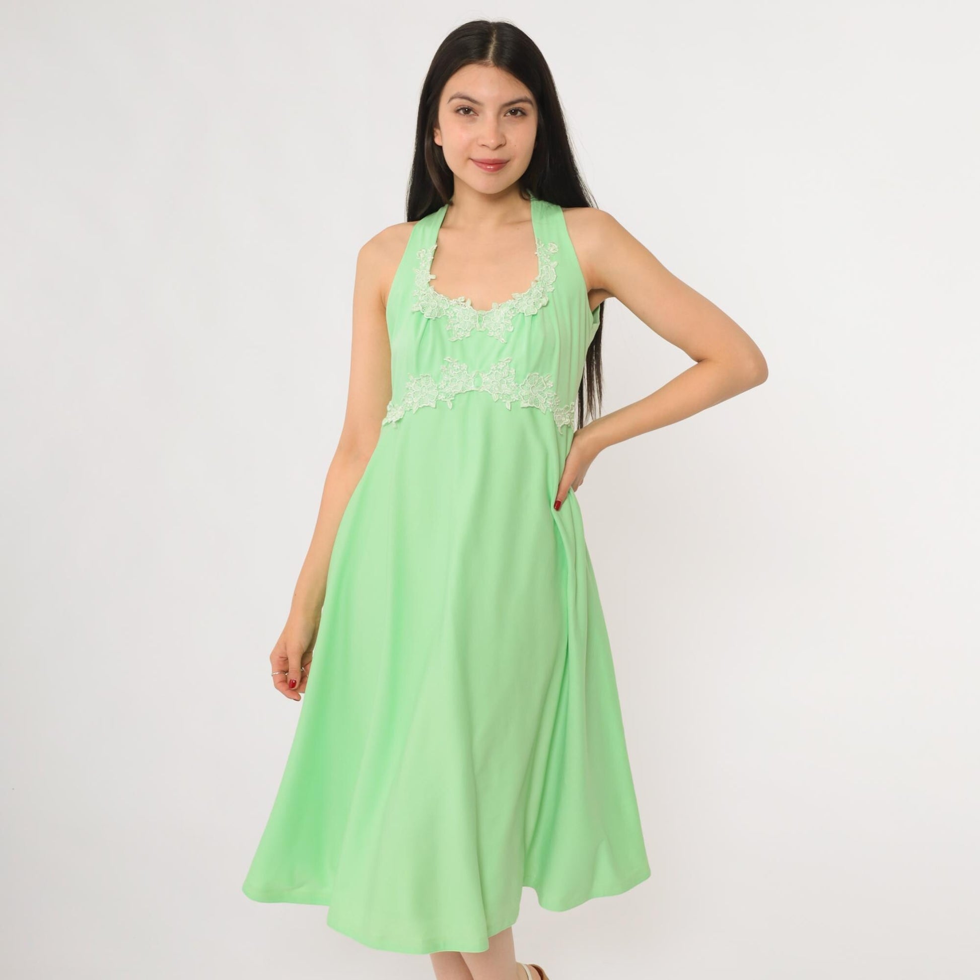 70s Green Halter Midi Dress Floral Lace Trim Sleeveless Summer Medium