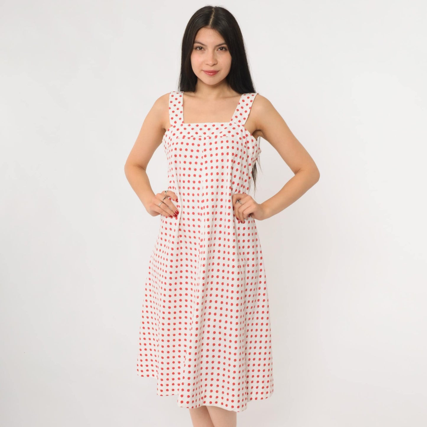 70s Apple Print Midi Dress White Red Novelty Fruit Sundress Small