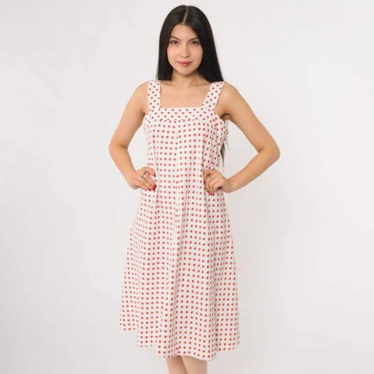 70s Apple Print Midi Dress White Red Novelty Fruit Sundress Small