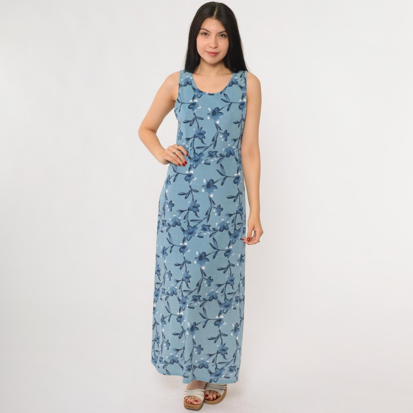 90s Blue Floral Maxi Dress Sleeveless Tank Scoop Neckline Medium M