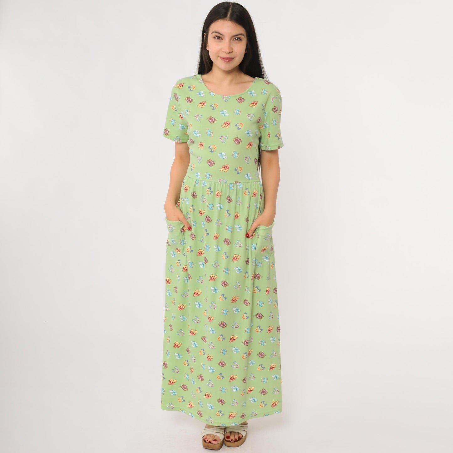 90s Sage Green Maxi Dress Flip Flop Novelty Print Cotton Scoop Neck Large L