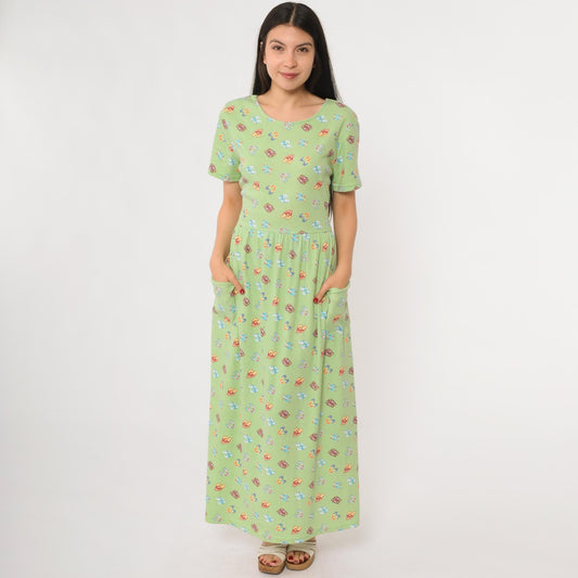 90s Sage Green Maxi Dress Flip Flop Novelty Print Cotton Scoop Neck Large L