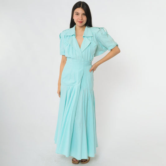 90s Karen Alexander Prairie Wrap Dress Mint Green Cotton Maxi Puff Sleeves Small S
