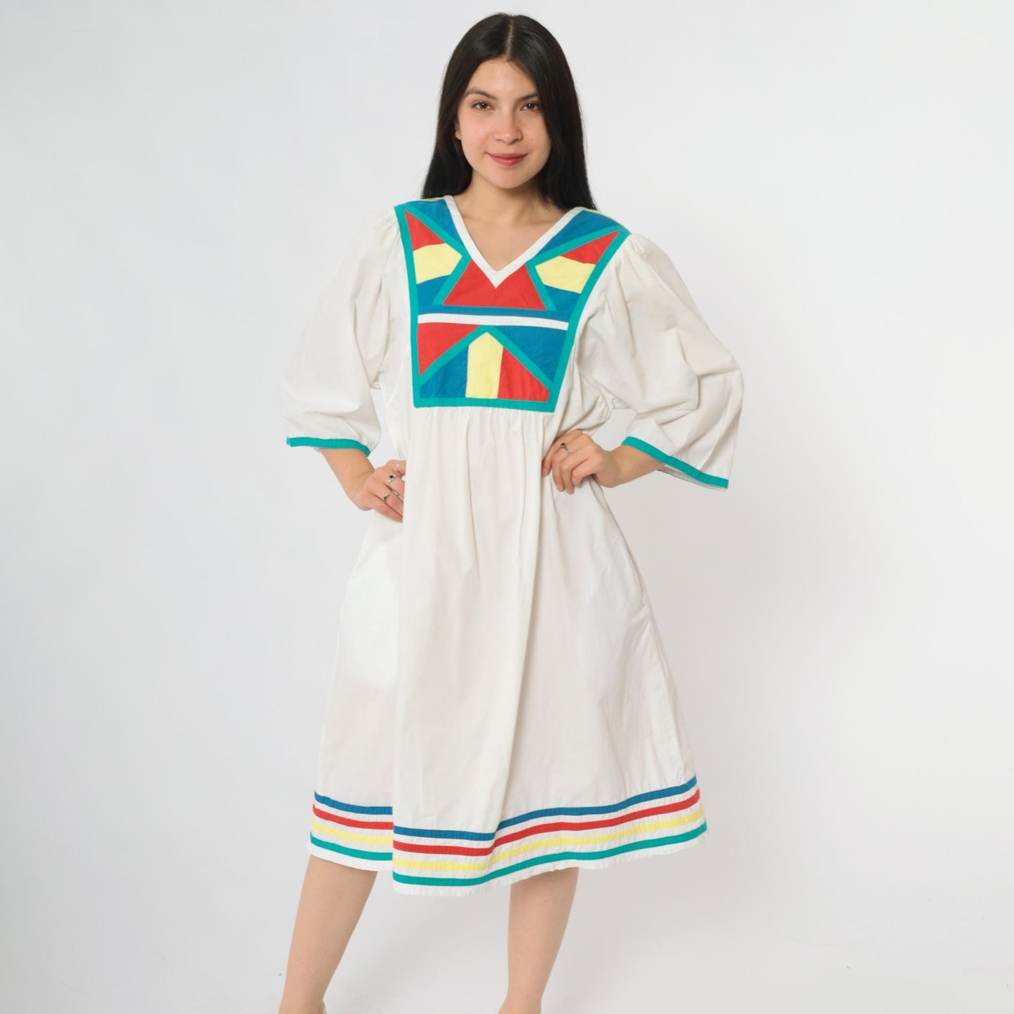 80s Foleys White Cotton Midi Dress Geometric Colorblock V-Neck Medium M