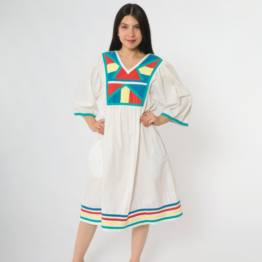 80s Foleys White Cotton Midi Dress Geometric Colorblock V-Neck Medium M