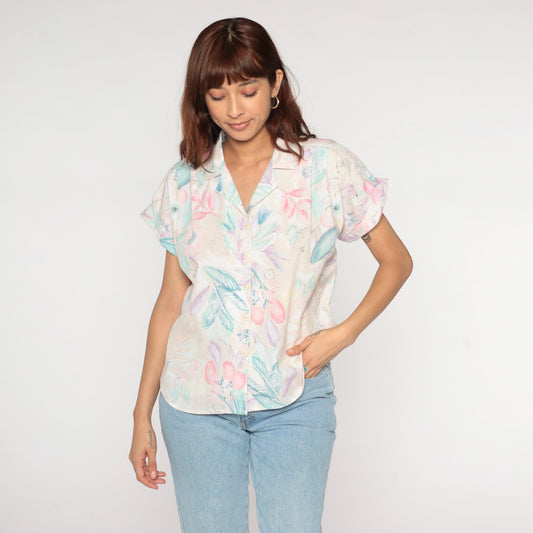 1990s Tapestry Pastel Floral Cotton Button-Up Shirt Short Sleeve Medium