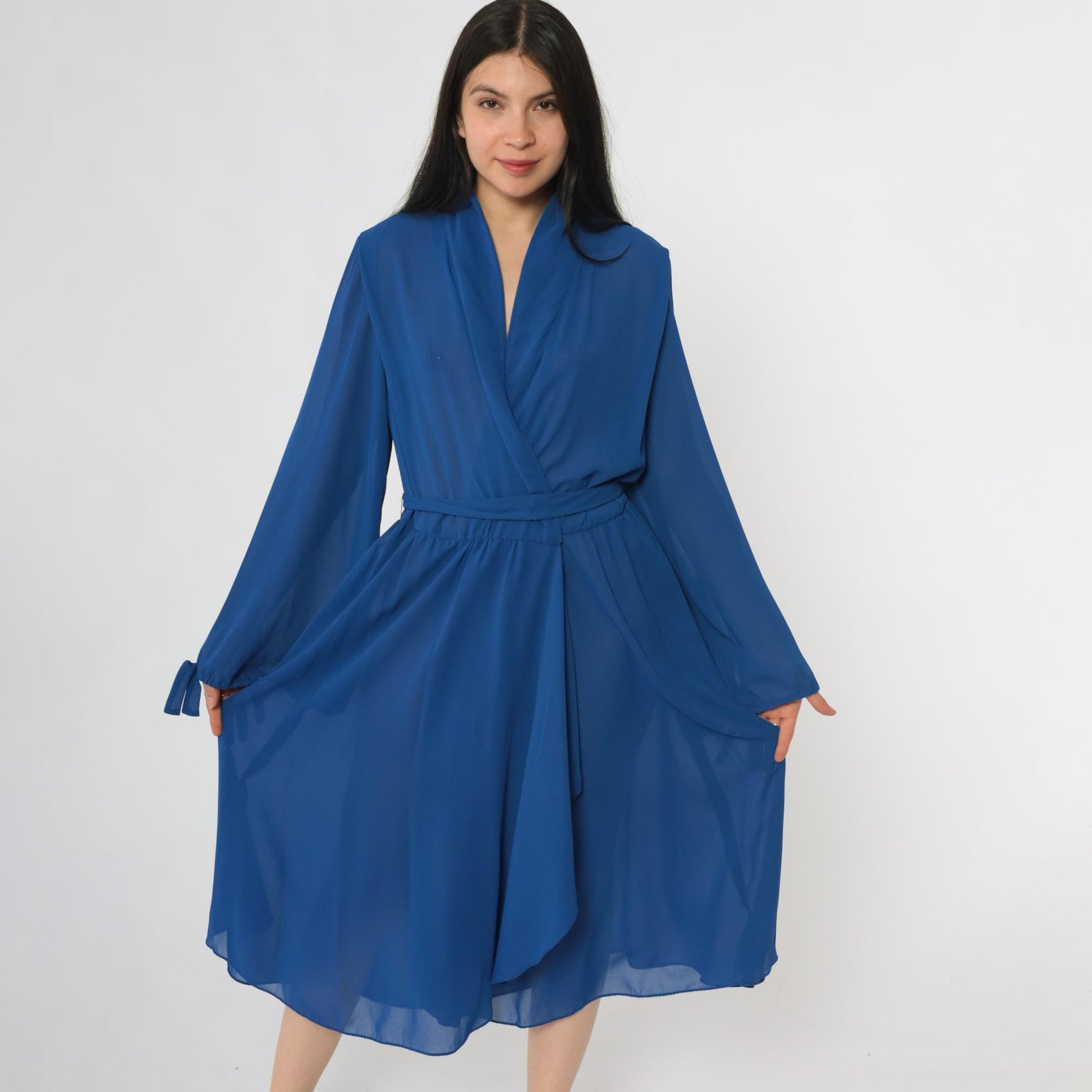 80s Royal Blue Wrap Dress Miss Elliette Midi Tie Waist Long Sleeve Large L