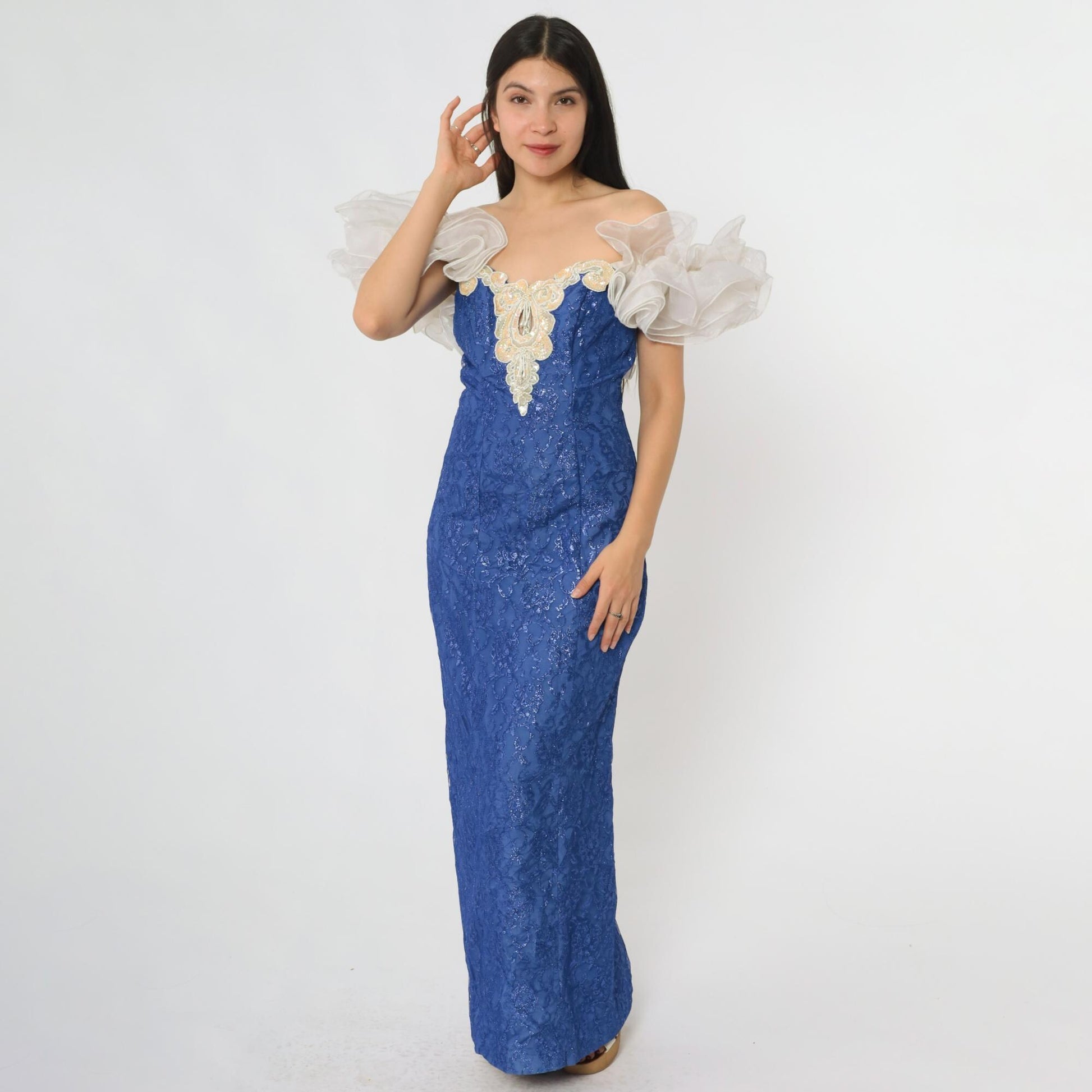 80s Royal Blue Lace Prom Gown Loralie Beaded Strapless Small