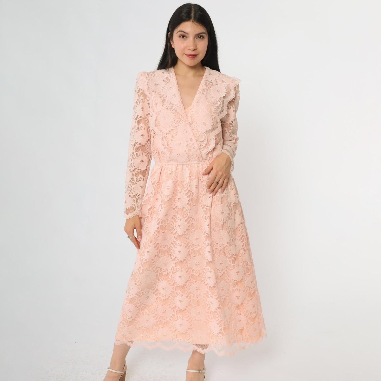 80s Blush Pink Floral Lace Maxi Dress V-Neck Empire Waist Small