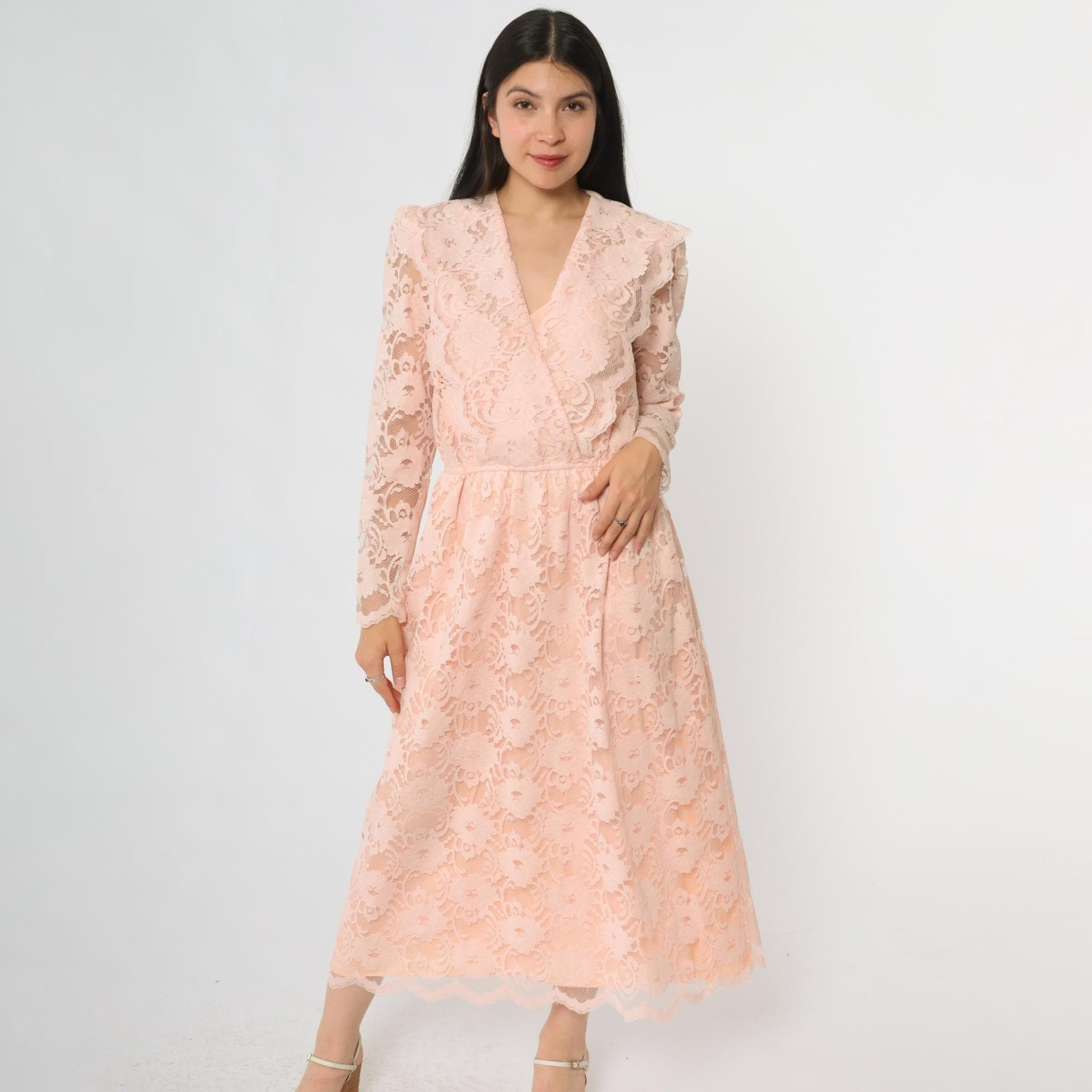 80s Blush Pink Floral Lace Maxi Dress V-Neck Empire Waist Small