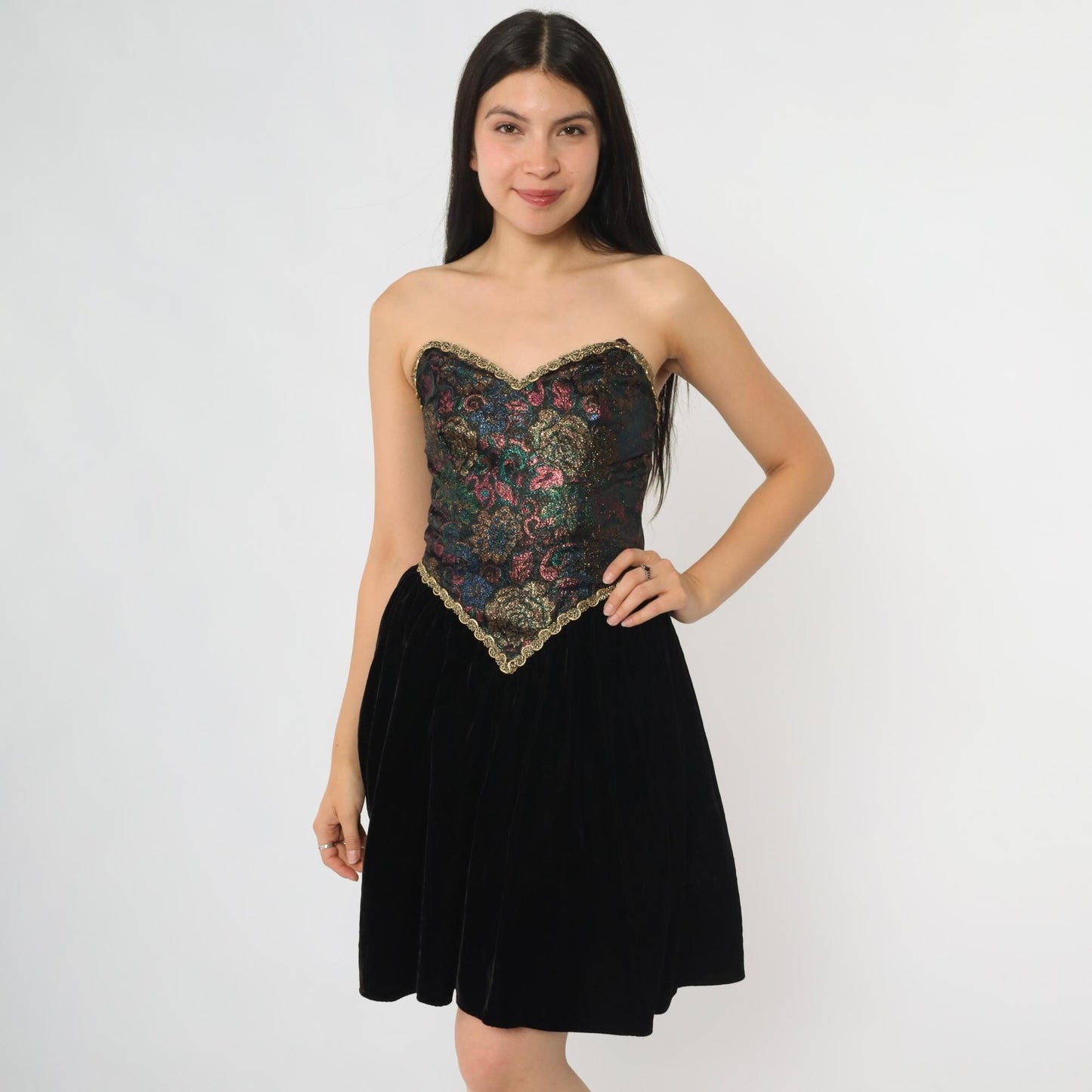 80s Zum Zum Black Mini Dress Brocade Bodice Gold Trim Sweetheart Small
