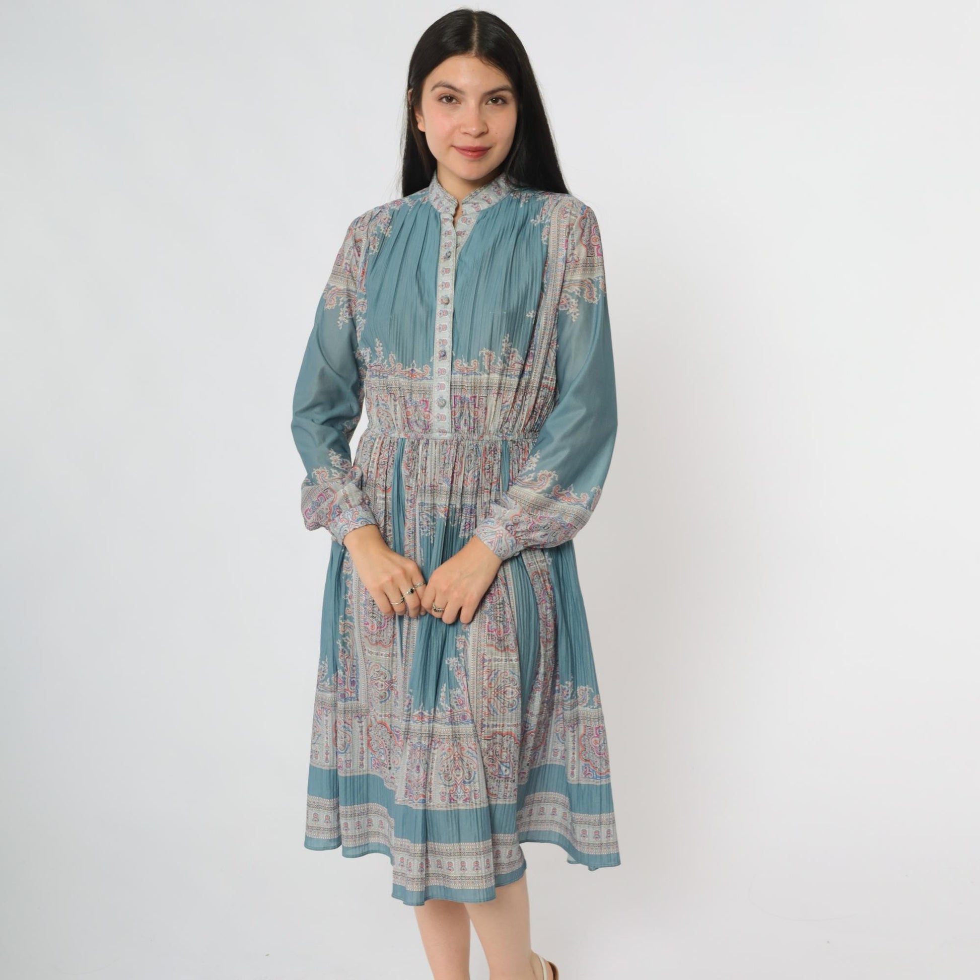80s Hal Ferman Sage Green Midi Dress Paisley Floral Print Mandarin Collar Medium
