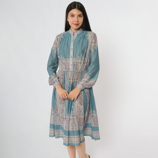 80s Hal Ferman Sage Green Midi Dress Paisley Floral Print Mandarin Collar Medium