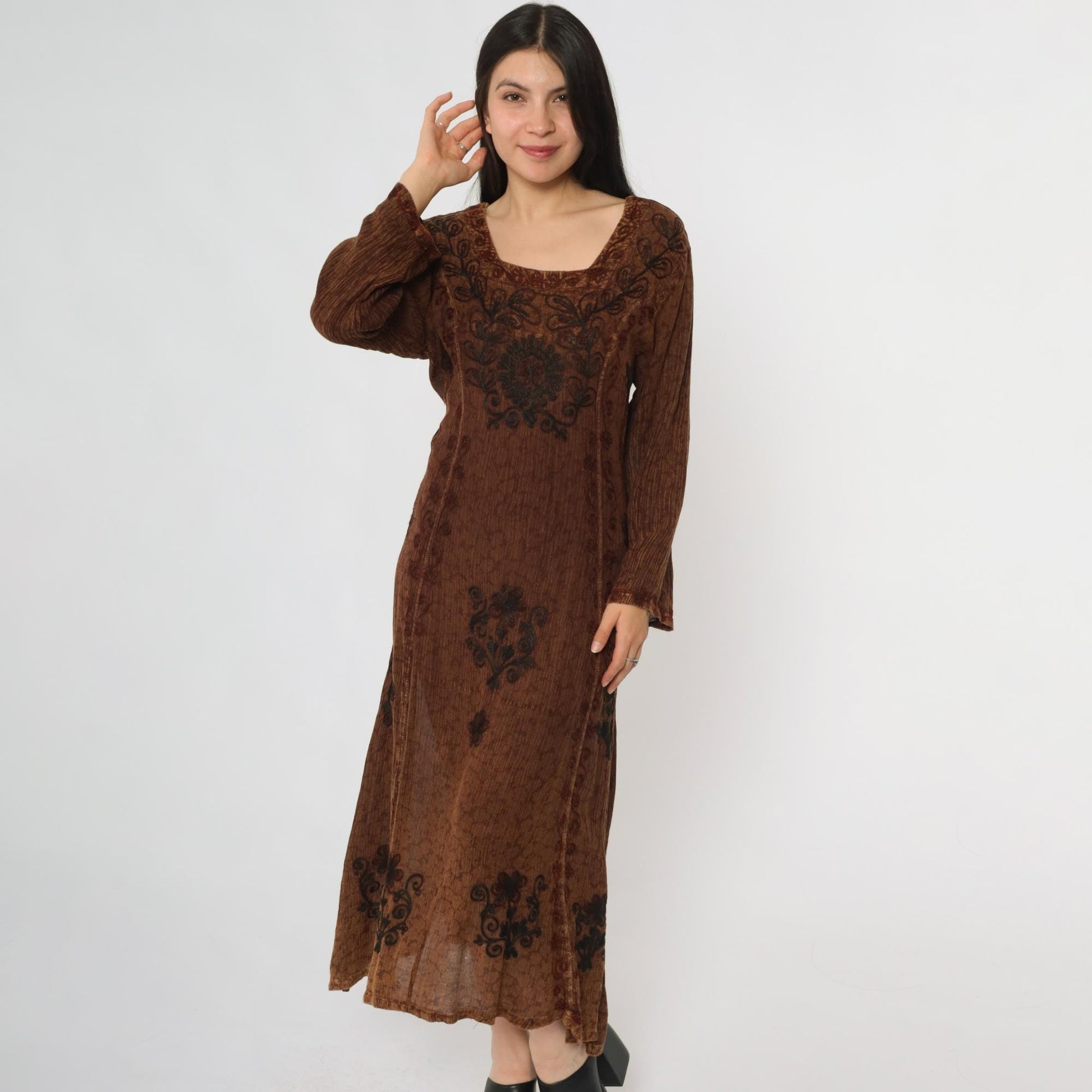 Y2K Brown Floral Embroidered Midi Dress Square Neck Long Sleeve Medium