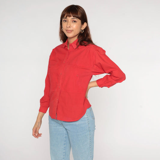 90s Jozell II Red Cotton Button-Up Shirt Shoulder Tabs Medium