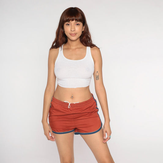 80s Brown Swim Shorts High Waist Elastic Drawstring Navy Piping Medium M