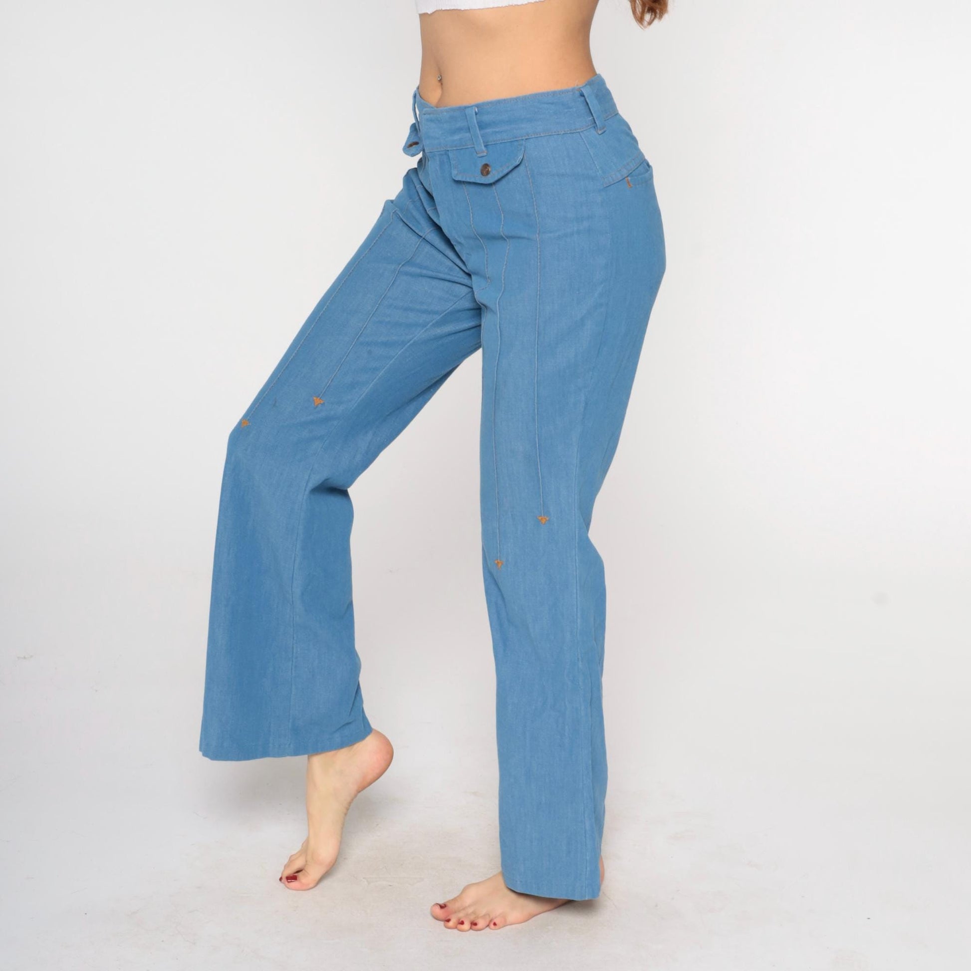 70s Sears Light Blue Flare Jeans High Waist Bell Bottom Denim 33x32